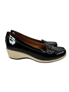 Geox Black Patent Leather Wedge Loafers Comfort Slip On Euro 36 Penny Shoes